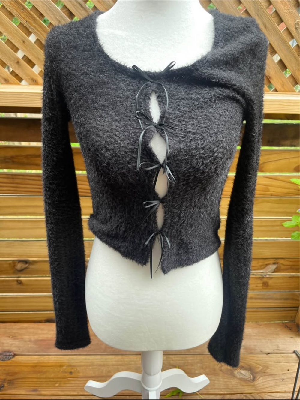 HYFVE Black Fuzzy Tie-Front Crop Cardigan